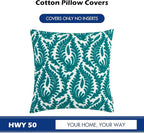 HWY 50 Teal Decorative Throw Pillow Covers 18x18 Inch (1 Piece), Embroidered Cotton Farmhouse Cushion Cover Pillow Case for Sofa Couch Living Room Bed Bedroon, Floral Branches