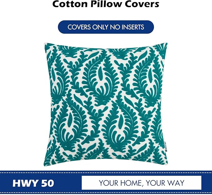 HWY 50 Teal Decorative Throw Pillow Covers 18x18 Inch (1 Piece), Embroidered Cotton Farmhouse Cushion Cover Pillow Case for Sofa Couch Living Room Bed Bedroon, Floral Branches