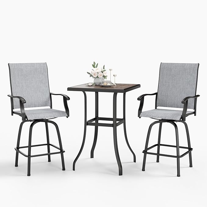 Sophia & William Outdoor Bar Set, Patio Bar Table and Chairs Set, Bar Height Patio Set - 2 x Swivel Bar Chairs(Grey), 1 x Square Bar Table(Wood-Like)