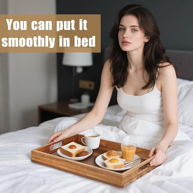 Acacia Wood Serving Tray with Handles - 17-Inch Large Wooden Tray for Ottoman - Perfect for Breakfast, Lunch, Dinner, Appetizers, Patio, Ottoman, Coffee Table,BBQ, Party – Great for Lap &Couch ﻿