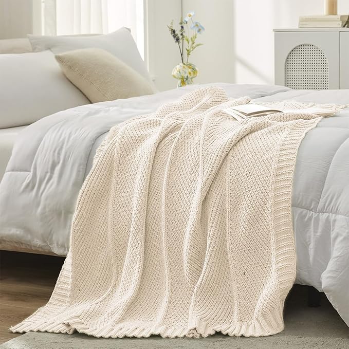 Amélie Home Chenille Knit Throw Blanket for Couch, Chevron Texture Decorative Soft Blanket for Sofa, Bed & Chair, 60"x80", Ivory