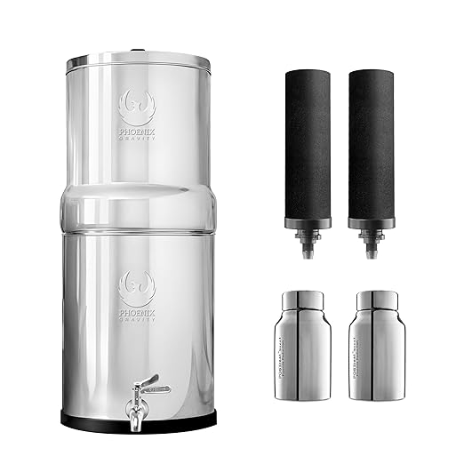 3.25 Gallons NSF Certified AISI 304 Stainless Steel Water Filter with 2 Smart Carbon (Black) Filters, 2 POSTreat Steel Fluoride Removal Elements & Free Stainless Steel Spigot