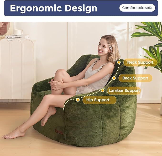 MAXYOYO Bean Bag Chair, Comfy Bean Bag Sofa with Back Support, Faux Fur Bean Bag Chair for Adults and Kids, Stuffed Floor Sofa for Living Room, Bedroom, Apartment, Green