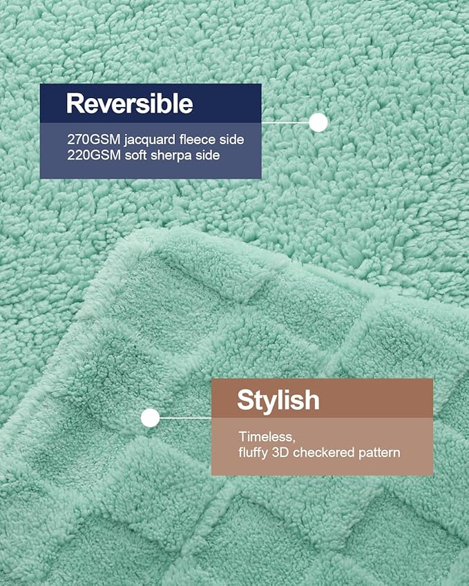 Pawque Super Soft Cozy Throw Blanket Queen Size for Couch Bed, Fluffy Sherpa Fleece Reversible Thick Warm Fuzzy Blanket for All-Season, 3D Checkered Jacquard Decorative Blankets, Sage Green, 90"x90"