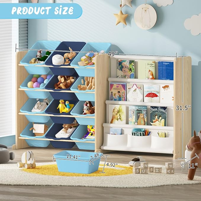 Kids Toy Storage Organizer - Toy Storage with Kids Bookshelf, Toy Organizer with 12 Blue Bins and 4 Book Shelves, Toy Organizers and Storage for Playroom, Nursery, Kids Room, Burlywood