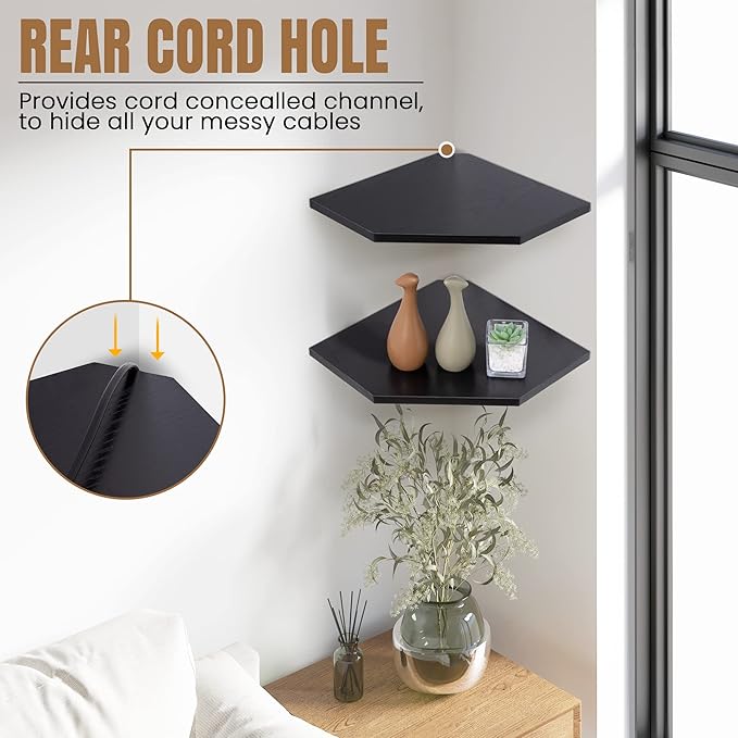 Corner Shelf Wall Mount, Floating Corner Shelves, Set of 2 Corner Wall Shelf Organizer, Rustic Wood Wall Storage Display Shelves for Living Room Bedroom Bathroom Kitchen, Classic Black