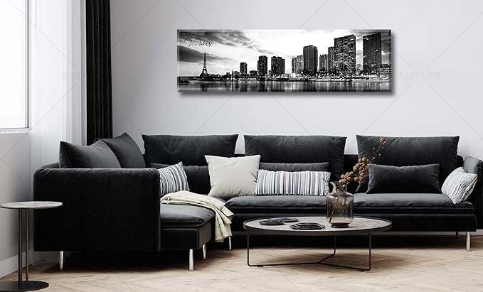 DJSYLIFE Paris Eiffel Tower Skyline Wall Art Black and White Modern City Night View Panoramic Cityscape Picture Paintings Canvas Prints Office Room Home Decoration Artwork Framed 13.8"X47.3"