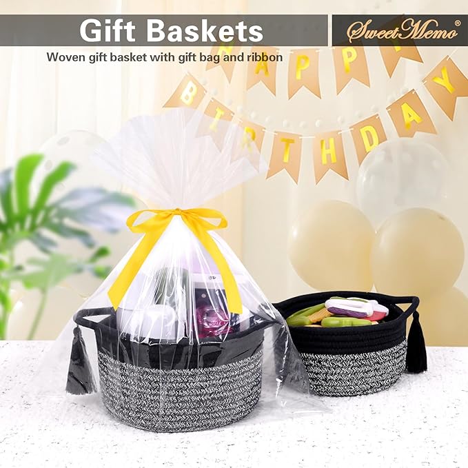 Small Gift Basket Empty to Fill – SweetMemo Mini Woven Rope Organizer Baskets for Gifting, Baby Shower, Desk, Bathroom, Shelves – Decorative Soft Bin with Gift Bag & Ribbon – Black Grey