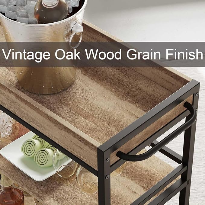 BON AUGURE Bar Cart for The Home, Bar Serving Carts on Wheels, 3 Tier Storage Drink Trolley, Rolling Wood and Metal Liquor Beverage Cart (Vintage Oak)