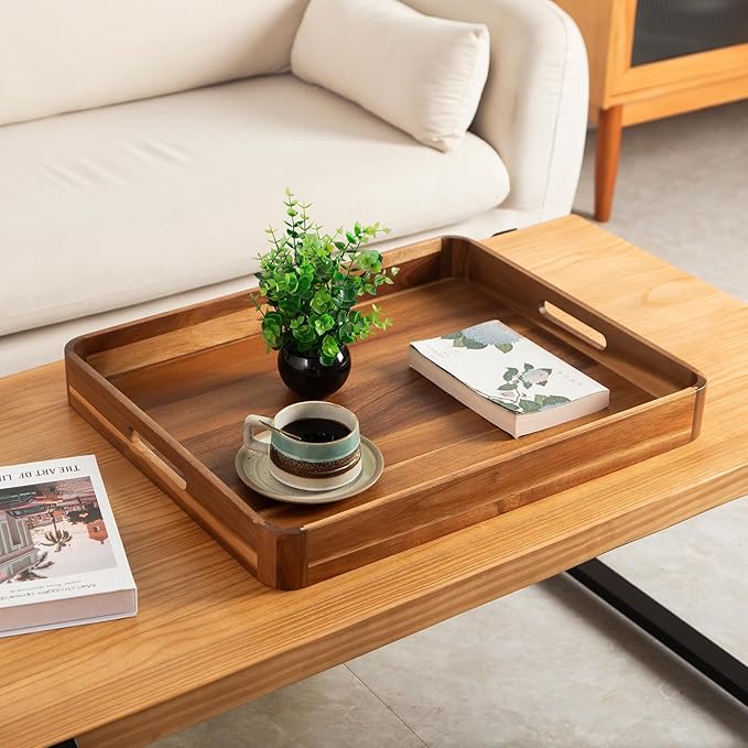 Wooden Serving Tray with Handles,Rustic Ottoman Tray for Kitchen Counter/Coffee Table/Living Room Decor,Versatile Tray for Party Picnic Barbecue
