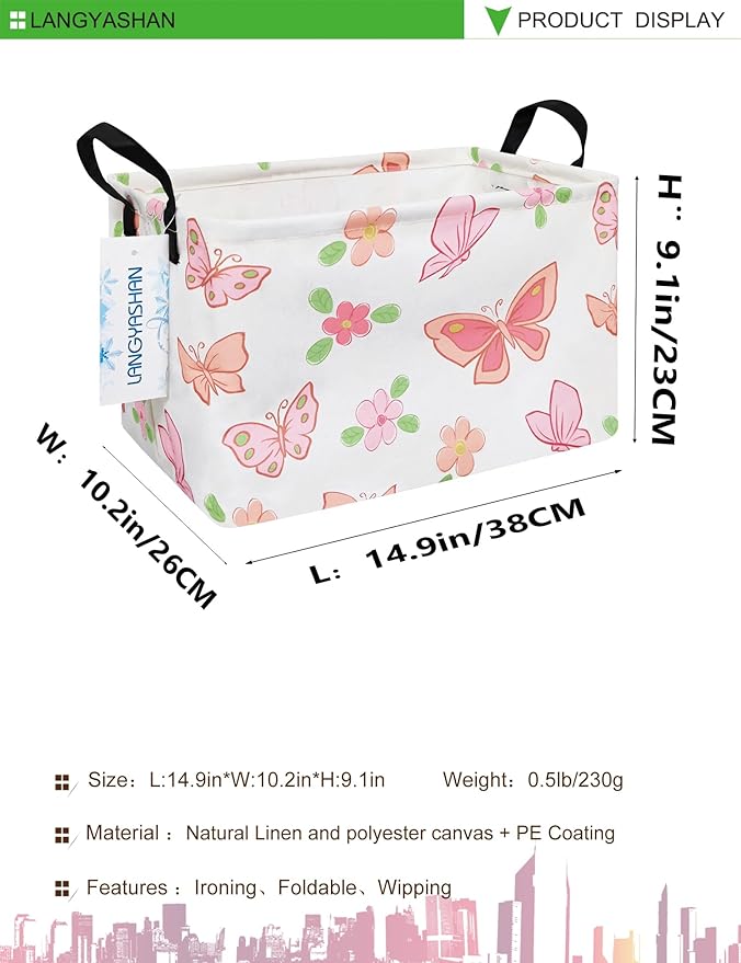 LANGYASHAN Rectangular Storage Bin Collapse Canvas Fabric Cartoon Storage Basket with Handles for Organizing Home Kitchen Boys and Girls Toys Office Closet Shelf Baskets (Rec Pink Butterfly)