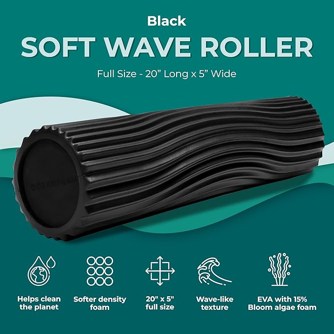 Oceanfoam Soft Tidal Roller (Black) - Low Density Foam Roller for Physical Therapy, Back Pain, Excercise & Stretching - Wave Textured - Yoga, Athletics, & Wellness - Full Size, 20" x 5"