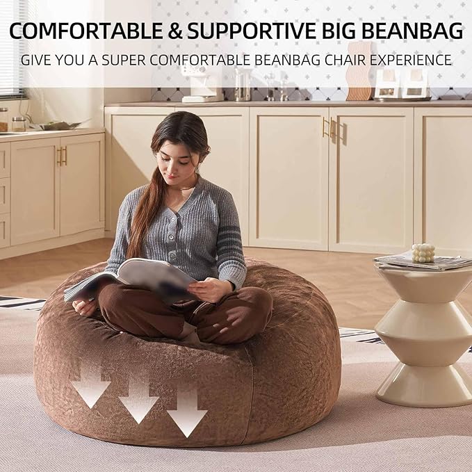 Bean Bag Chair 3Ft, Memory Foam Filled, Large Beanbag Chairs for Adults and Teens, Soft Sofa with Removable Flannel Cover, Round Couch for Living Room Bedroom College Dorm (Coffee, 3FT-36×36"×24")