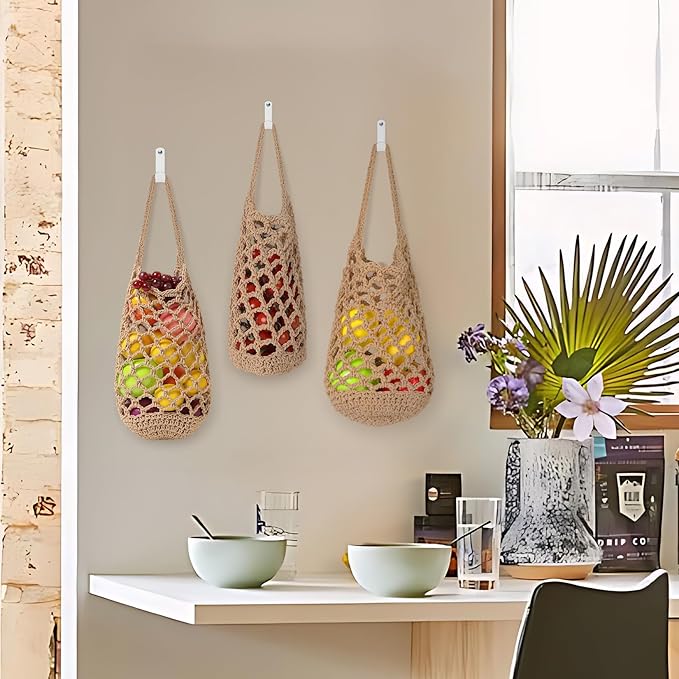 AARAINBOW Boho Wall Hanging Baskets for Kitchen Storage, Fruit Woven Wall Basket 9 Pcs, Hanging Vegetable and Onion Storage with 24 Hooks （Brown）