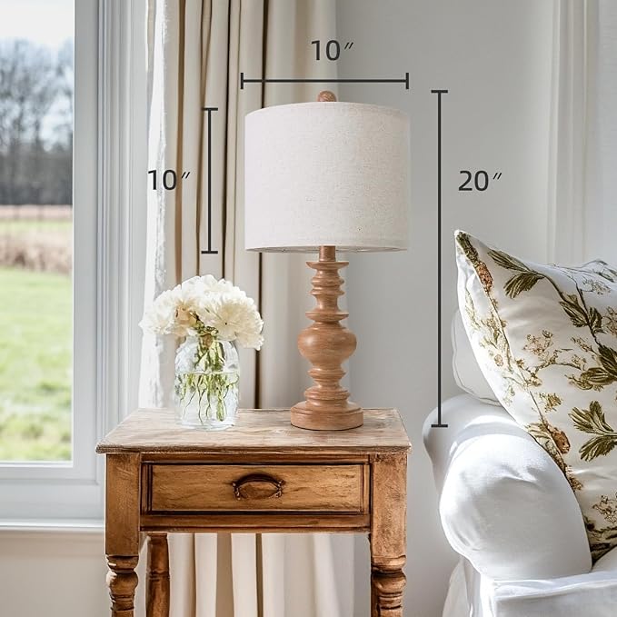 BOBOMOMO 20" Rustic Bedside Lamps Set of 2- Vintage Resin Table Lamps for Nightstands with Linen Shades, Farmhouse Lamps for Living Room, Bedroom, and Hallway (Light Brown) - Ideal for Compact Spaces