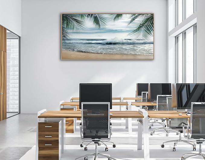 Framed Tropical Beach Wall Art - Ocean Waves Canvas Pictures Coastal Blue Sky and Sea Print Seaside Palm Tree Leaves Scene Painting Artwork Living Room Bedroom Office Home Decor 29" x 58"