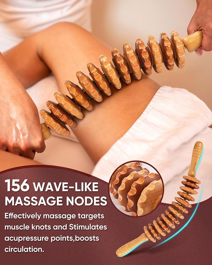 ONUEMP 2PCS Wood Therapy Massage Tools, Wooden Massage Roller Stick & Back Massager Roller Rope, Maderoterapia Kit Colombiana for Lymphatic Drainage, Anti Cellulite, Body Sculpting, Ease Deep Tissue