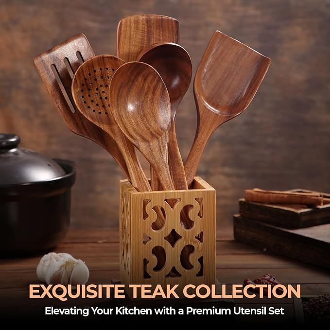 AIUHI Nonstick Natural Wooden Kitchen Utensils Set, Smooth Finish Teak Wood Spoons for Cooking, Comfortable Grip Spatula for Elaborate Cooking 6Pcs