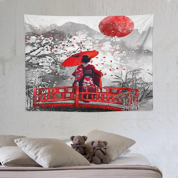 Japanese Red Geisha Tapestry Asian Cherry Blossom Red Sun Traditional Kimono Folk Tapestries Home Decor for Living Room Bedroom Apartment Farmhouse Dorm 40"x30"
