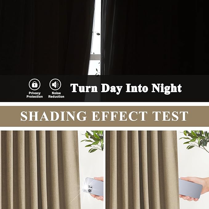 Vision Home Brown Pinch Pleated Full Blackout Curtains Linen Blended 60" Wide Thermal Insulated Window Panels 102 inch for Bedroom Living Room Darkening Pleat Drapes with Hooks Back Tab 60" Wx102 Lx1