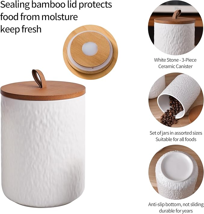 JOJUNO White Ceramic Canister Set with Wooden Lid, 3-Piece Airtight Food Storage Jars for Kitchen Counter - Flour, Sugar, Coffee, Tea, Spice - Small, Medium, Large Sizes - Stone Texture
