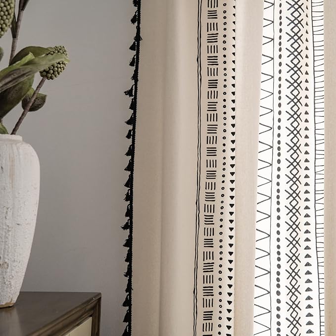 Sutuo Home Boho Curtain 84 Inches Length for Bedroom, Printed Cotton Linen Geometry Rod Pocket Chic Semi Blackout Bohemian Tassels Window Treatment for Living Room, 1 Panel 59" W x 84" L, Black