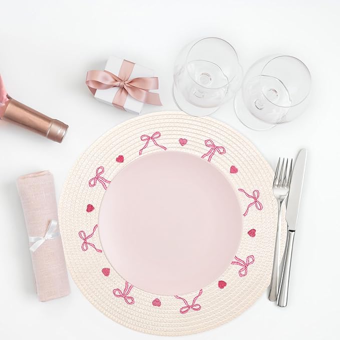 Whaline 4Pcs Round Placemats White Pink Bow Embroidered Place Mats Coquette Bowknot Heart Dinner Table Mats for Home Wedding Baby Shower Birthday Party Decor