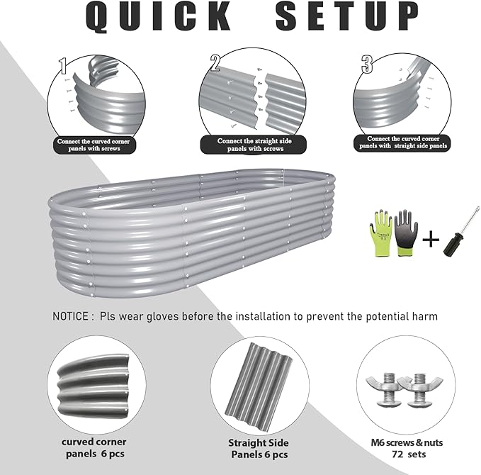 1 Pack 8x3x2FT Galvanized Raised Garden Bed Kit Oval Metal Ground Planter Box Outdoor Bottomless Planter Raised Beds for Vegetables Flowers Herbs Fruits, Gray