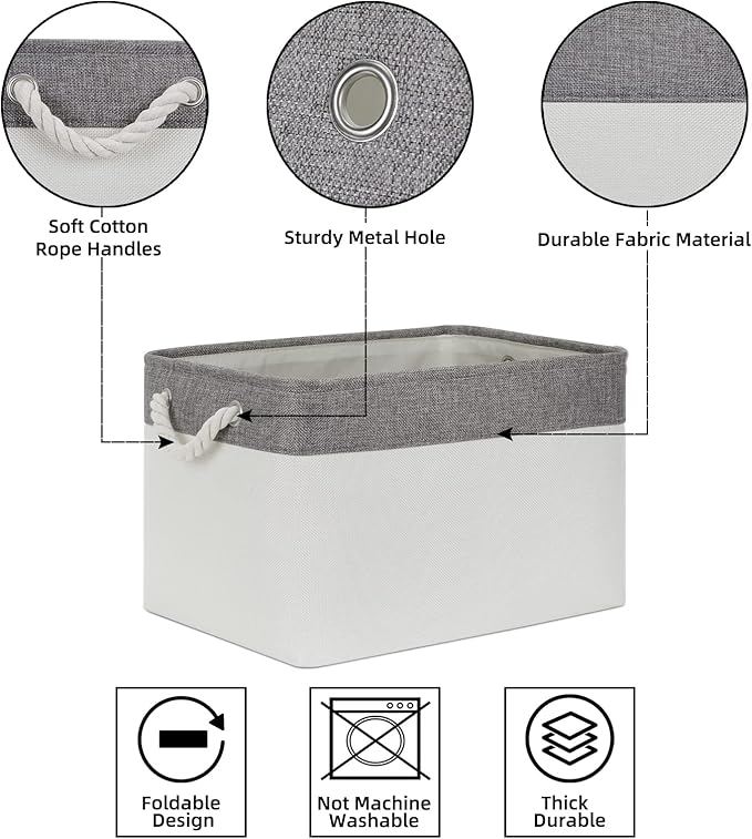 Bidtakay White Baskets with Cotton Rope Handles Decorative Storage Bins [3-pack] Fabric Bins for Organization Linen Closet Shelf Storage Baskets for Clothes Toys Towels 15 X 11 X 9.5 Inches