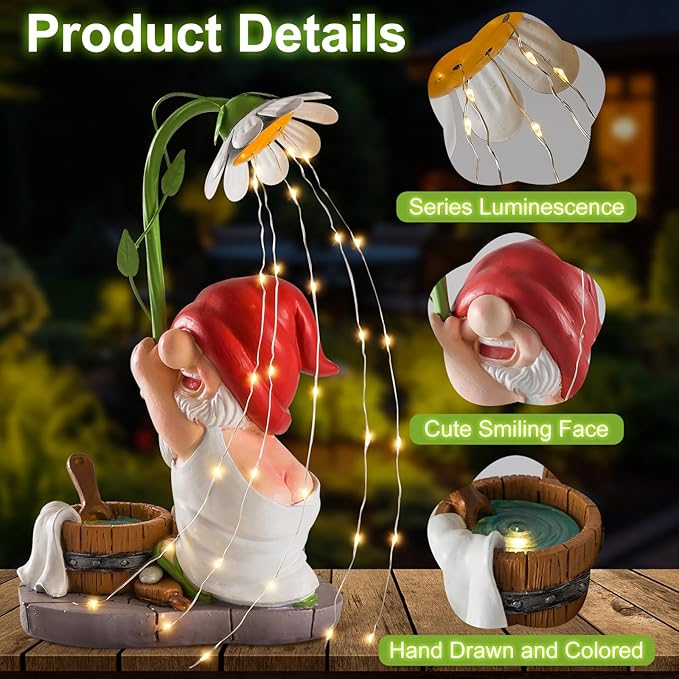 WINTS Garden Gnomes Outdoor Statue with Solar Lights,Bathing Funny Gnome Solar Garden Decorations for Lawn, Balcony,Yard,Patio Gnome Gifts for Mom