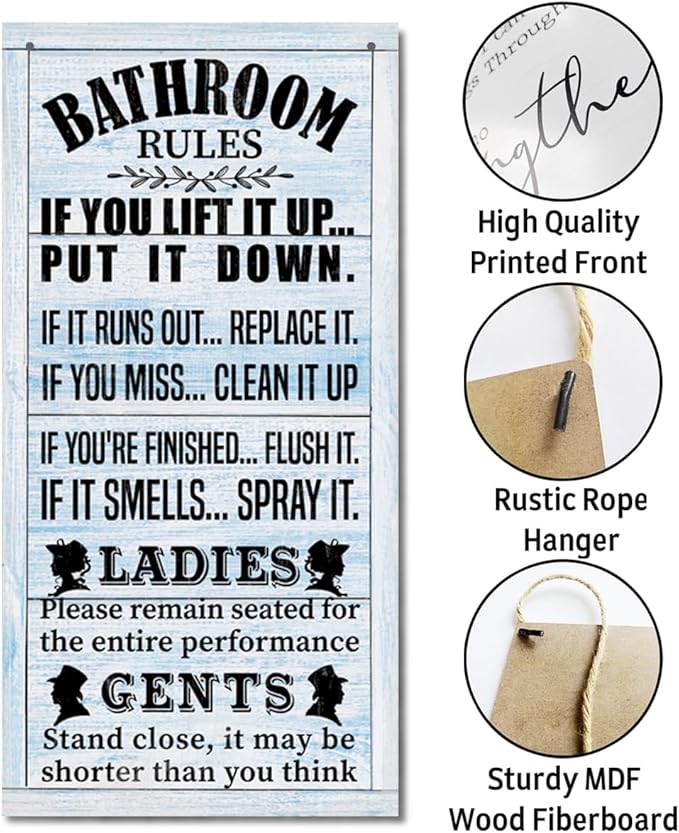 Rustic Western Bathroom Decor - Funny Wall Signs, Farmhouse Country Rules Wall Decor D1
