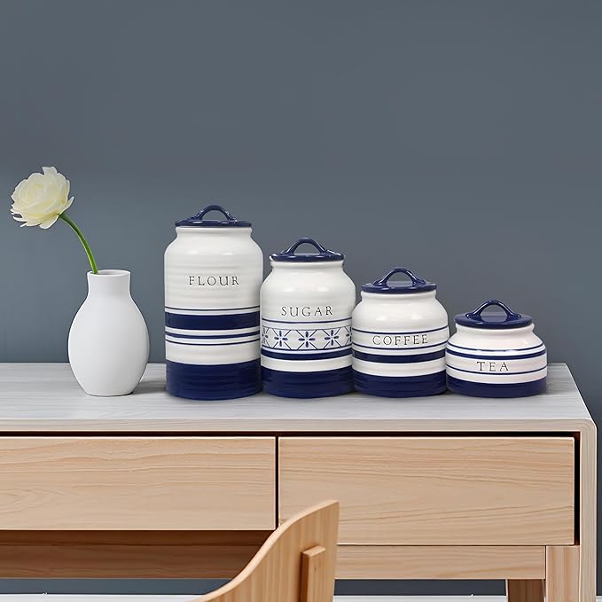 Young's Inc. 4 Pcs Set Vintage Ceramic Canisters- Storage Container for Kitchen and Bathroom - Beautiful Home Decor Accent to Store Food, Coffee, Tea, and More - Sky Blue