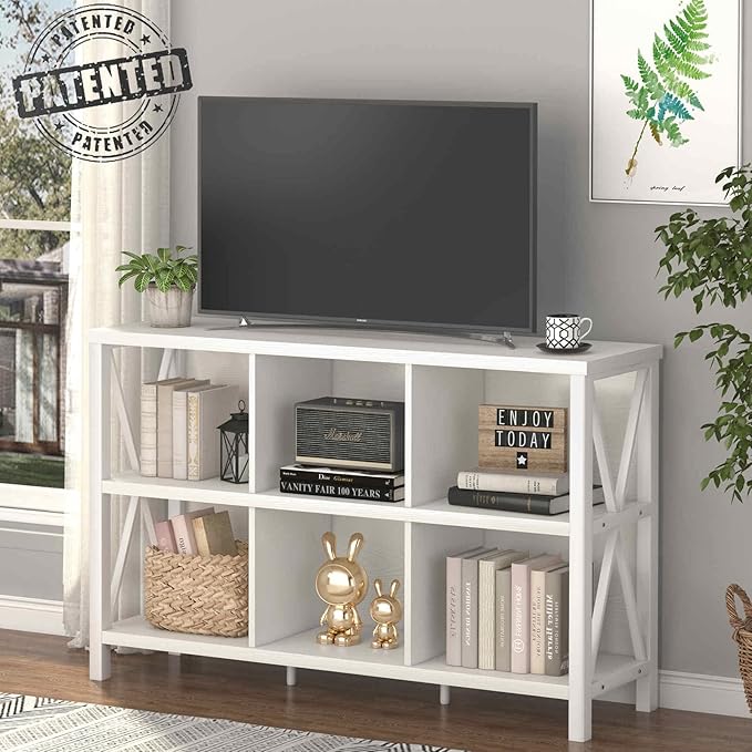 FATORRI 6 Cube Storage Organizer with Shelf, Long Wood and Metal Cubby Bookcase, Industrial Horizontal Bookshelf (White Oak, 47 Inch)