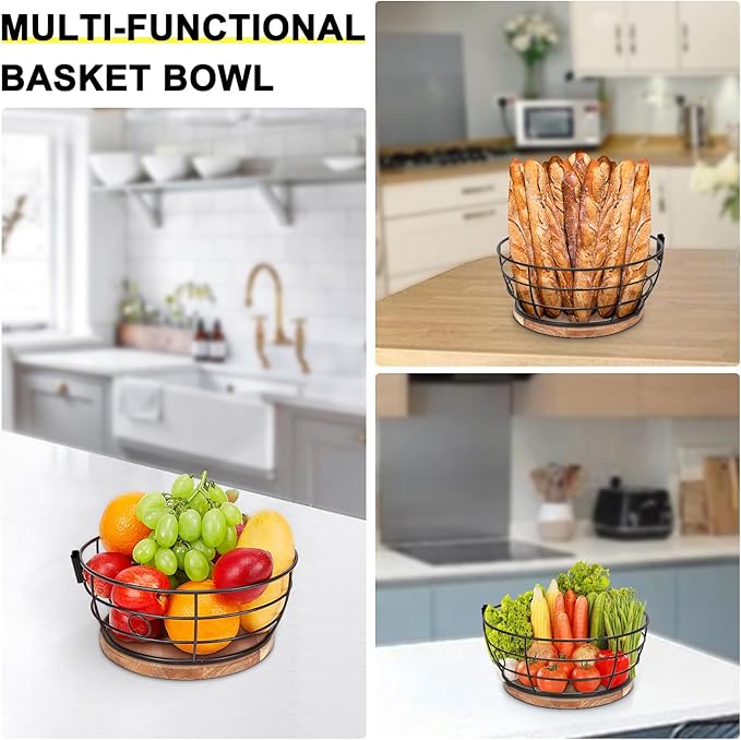 Livabber Countertop Fruit Basket Bowl with Banana Hanger, Modern Standing Fruit Vegetable Bowl Storage, with Banana Tree Holder for Kitchen Dinning Table (Round Wood, Black)