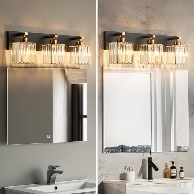 Modern Bathroom Vanity Light 3-Lights Black Gold Crystal Bathroom Wall Light Vanity Light Fixtures，20.47-inch Modern Minimalist Design