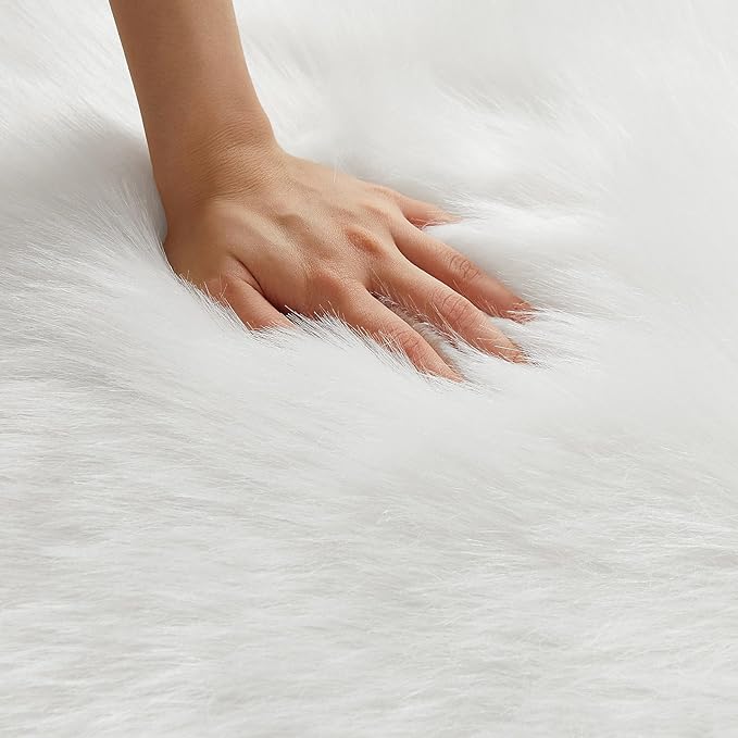 AMTOVO Faux Fur Sheepskin Rug for Living Room, 4 x 6 ft White Fluffy Area Rug for Bedroom, Playroom, Luxury Room Decor, Rectangle