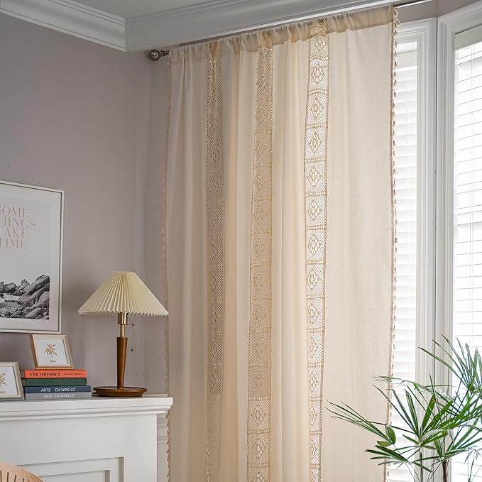 Sutuo Home Boho Curtain Crochet Lace Patchwork Semi-Blackout Bohemian Handmade Tassels, Rod Pocket Window Treatment Vintage Rustic Farmhouse Drapes for Living Bedroom, 1 Panel 59" W x 72" L, Beige
