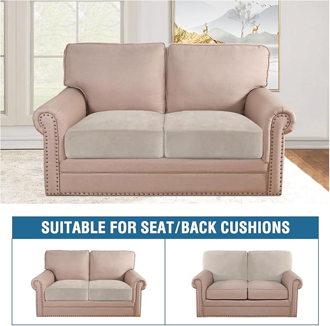 H.VERSAILTEX Velvet Stretch Couch Cushion Cover Plush Cushion Slipcover for Chair Loveseat Sofa Cushion Furniture Protector Seat Cushion Sofa Cover (2 Piece Medium Sofa Cushion Covers, French Oak)