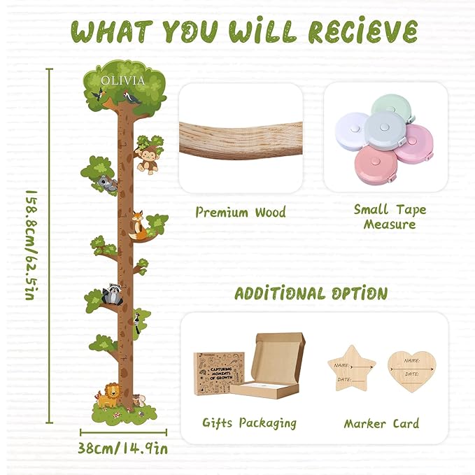 Wooden Surfboard Wall Decor Growth Chart,Tree Art Decor for Kids Room, Wood Tree Kids Sizing Chart, Height Board Cute Decor, Nursery Growth Chart Ruler Measuring Board for Boys Girls