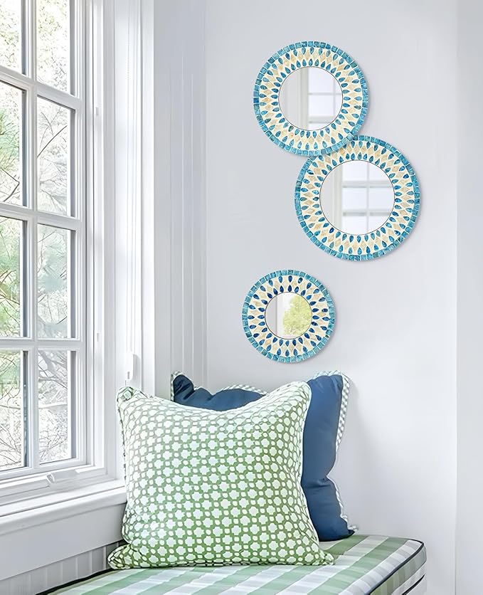 TEIPAI Handmade Mother of Pearl Mirror for Wall Decor, 3PCS Round Decorative Mirrors for Beach Nautical Home Hotel Coffee Shop, Natural Plate Art Hanging Sculpture for Dorm Apartment Entryway (Blue)