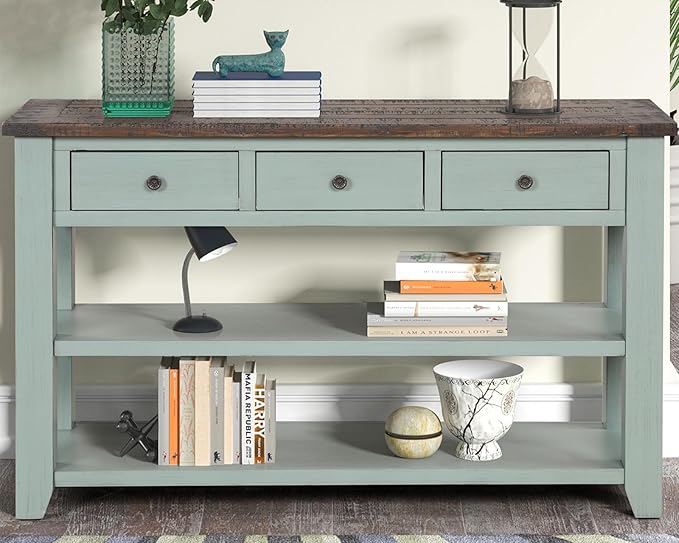 Solid Wood Console Table Sofa Table with Storage Drawers and Bottom Shelf Entryway Table for Entry Hallway Foyer Sofa Couch Table,Fully Assembled (48.8" Green)