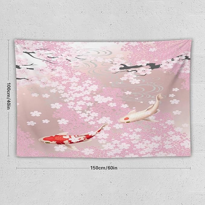 Houselerax Japanese Koi Fish Tapestry, Cherry Blossoms Asian Oriental Pink Flower Branch Koi Fish Carp Tapestries Wall Hanging for Bedroom Living Room Office Decor 60"x40"
