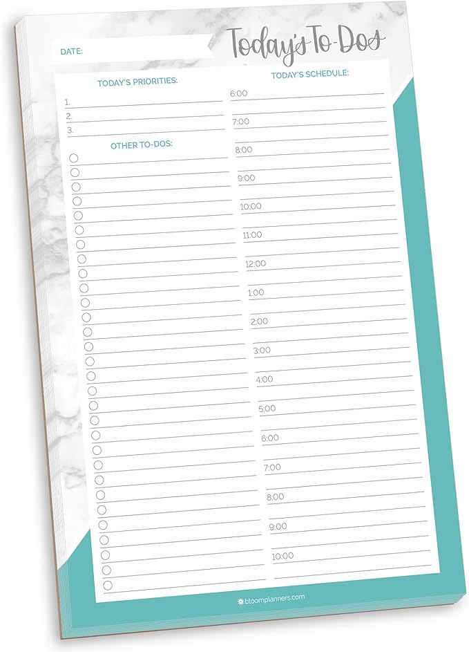 bloom daily planners Undated Daily Timed to-Do List Pad - Tear Off Planning Sheets - 6" x 9" - Color Blocking Marble