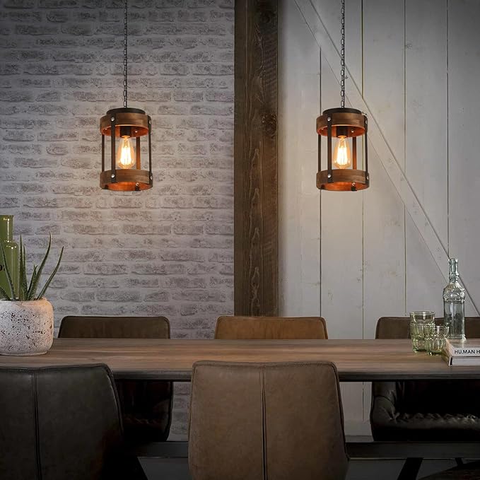 Rustic Farmhouse Wood Pendant Light Fixture One-Light Adjustable Chain Oak Wood and Metal Lantern Drum Small Pendant Lighting for Kitchen Island Sink Hallway Farmhouse Bathroom Bar, Black