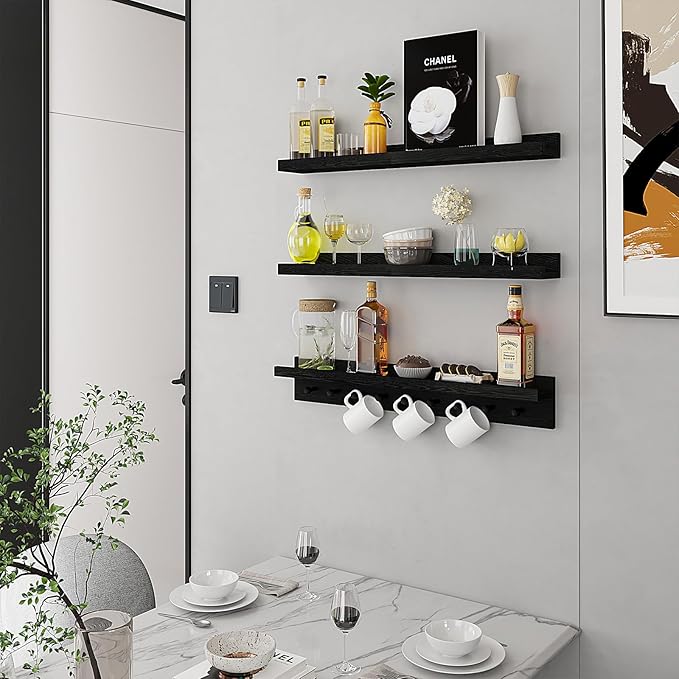 MBYD Black Picture Ledge Shelf with Hooks, 24 Inch Floating Book Shelves Kids Room, Wall Mounted Nursery Bookshelves, Hanging Bookshelf for Bedroom, Living Room, Kitchen, Bathroom Set of 3