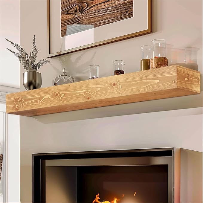 56x8x5 Fireplace Mantel - Handcrafted Rustic Solid Wood Wall Mounted Floating Shelf