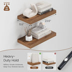 Heimlove 12" Deep Walnut Floating Shelves for Wall, 24 Inch Wall Shelf Bathroom Shelves Set of 2, Wall Mounted Shelves for Books Living Room Laundry Room Bedroom Kitchen Home Office