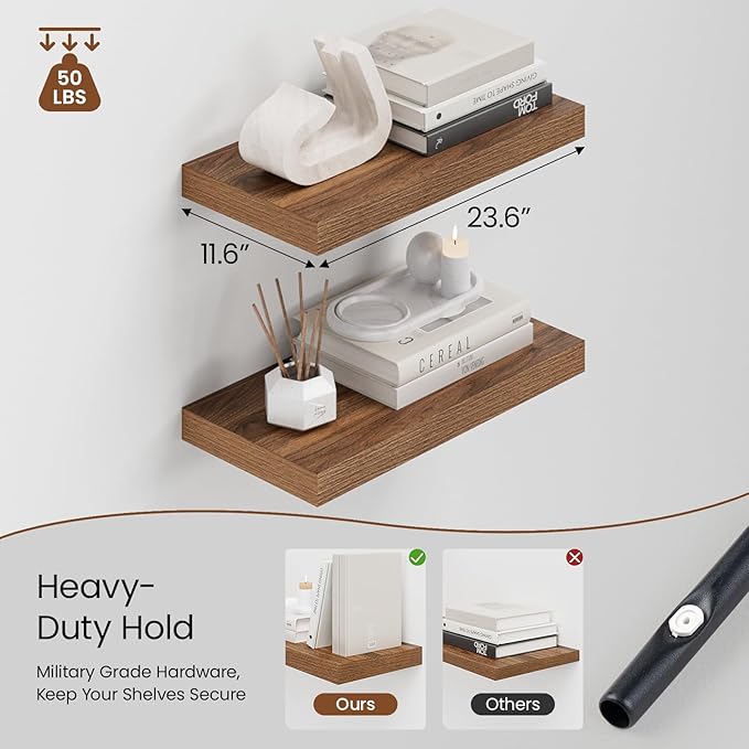 Heimlove 12" Deep Walnut Floating Shelves for Wall, 24 Inch Wall Shelf Bathroom Shelves Set of 2, Wall Mounted Shelves for Books Living Room Laundry Room Bedroom Kitchen Home Office