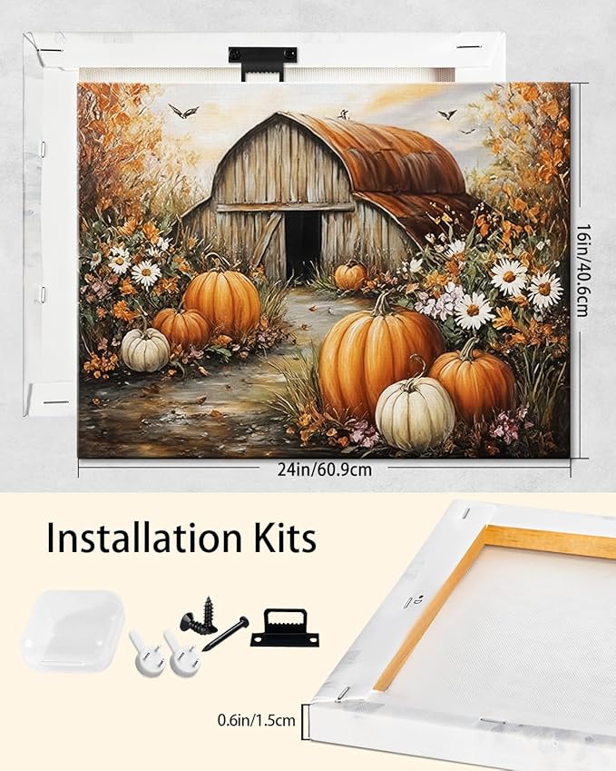 Autumn Pumpkin Barn Framed Wall Art Decor, Moody Fall Decor Rustic Country Landscape Picture Print for Farmhouse Decor,Thanksgiving Decorations Country Canvas Wall Art, Ready to Hang