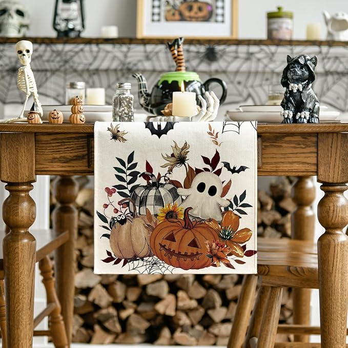 Artoid Mode Pumpkin Ghost Leaves Spider Web 210 GSM Halloween Table Runner, Spooky Kitchen Dining Table Decoration for Home Party Decor 13x60 Inch
